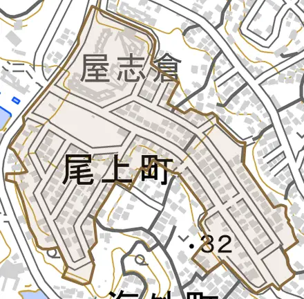 尾上町とその周辺の地図。町の範囲を重ねている
