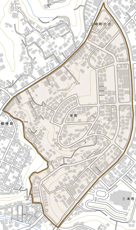 栄町とその周辺の地図。町の範囲を重ねている