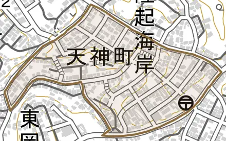 天神町とその周辺の地図。町の範囲を重ねている
