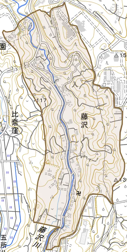 藤沢とその周辺の地図。町の範囲を重ねている