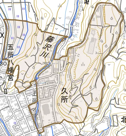 久所とその周辺の地図。町の範囲を重ねている