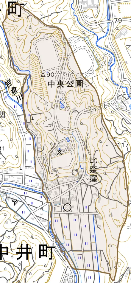 比奈窪とその周辺の地図。町の範囲を重ねている