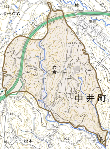 岩倉とその周辺の地図。町の範囲を重ねている