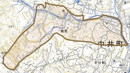 雑色とその周辺の地図。町の範囲を重ねている