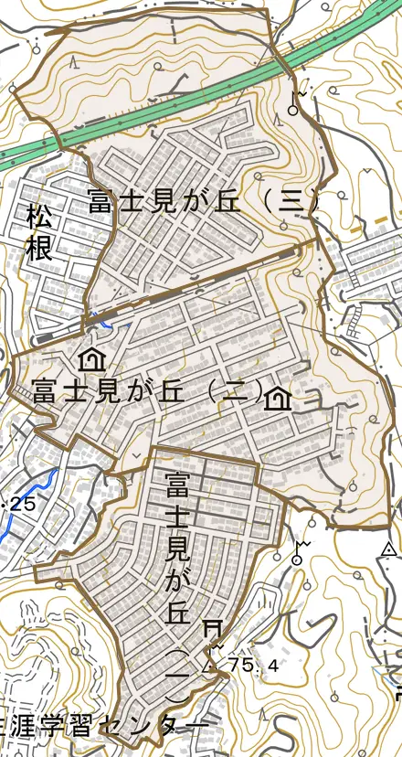 富士見が丘とその周辺の地図。町の範囲を重ねている
