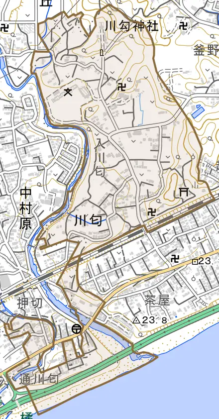 川匂とその周辺の地図。町の範囲を重ねている
