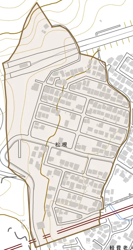 松根とその周辺の地図。町の範囲を重ねている