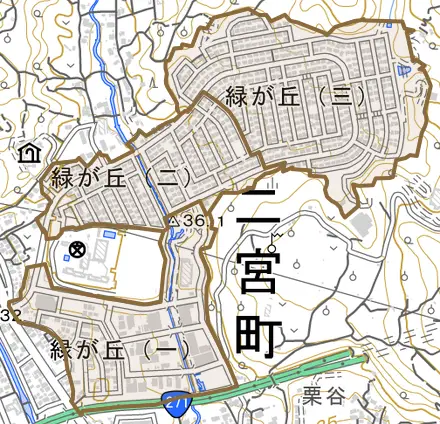 緑が丘とその周辺の地図。町の範囲を重ねている
