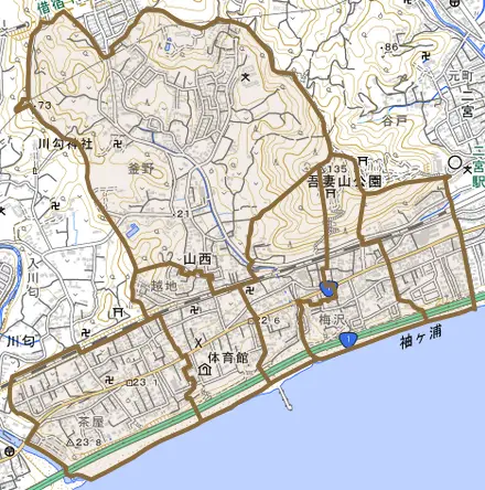 山西とその周辺の地図。町の範囲を重ねている