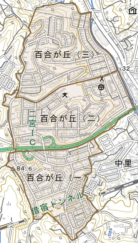 百合が丘とその周辺の地図。町の範囲を重ねている