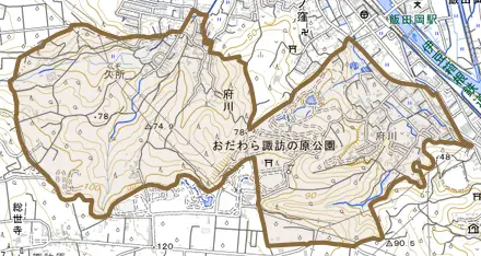 府川とその周辺の地図。町の範囲を重ねている