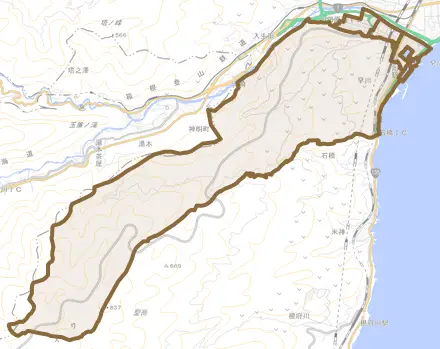 早川とその周辺の地図。町の範囲を重ねている