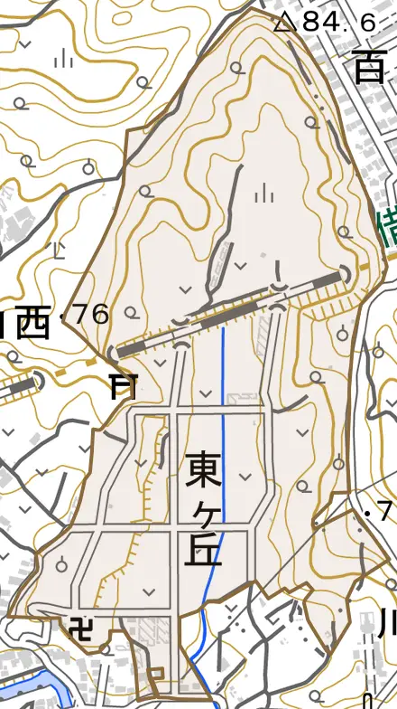 東ケ丘とその周辺の地図。町の範囲を重ねている