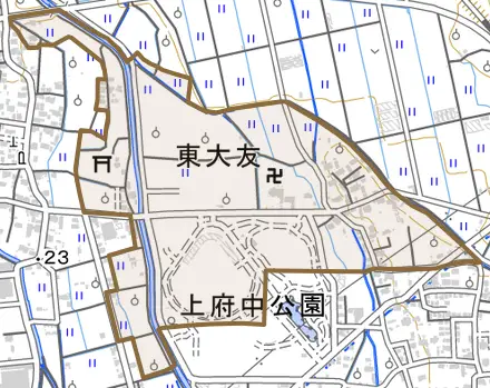 東大友とその周辺の地図。町の範囲を重ねている
