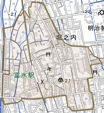 堀之内とその周辺の地図。町の範囲を重ねている
