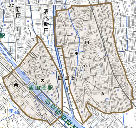 飯田岡とその周辺の地図。町の範囲を重ねている