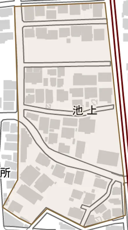 池上とその周辺の地図。町の範囲を重ねている