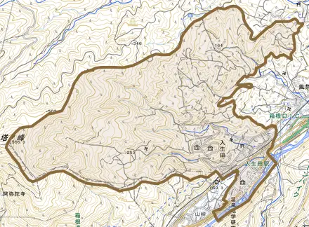 入生田とその周辺の地図。町の範囲を重ねている