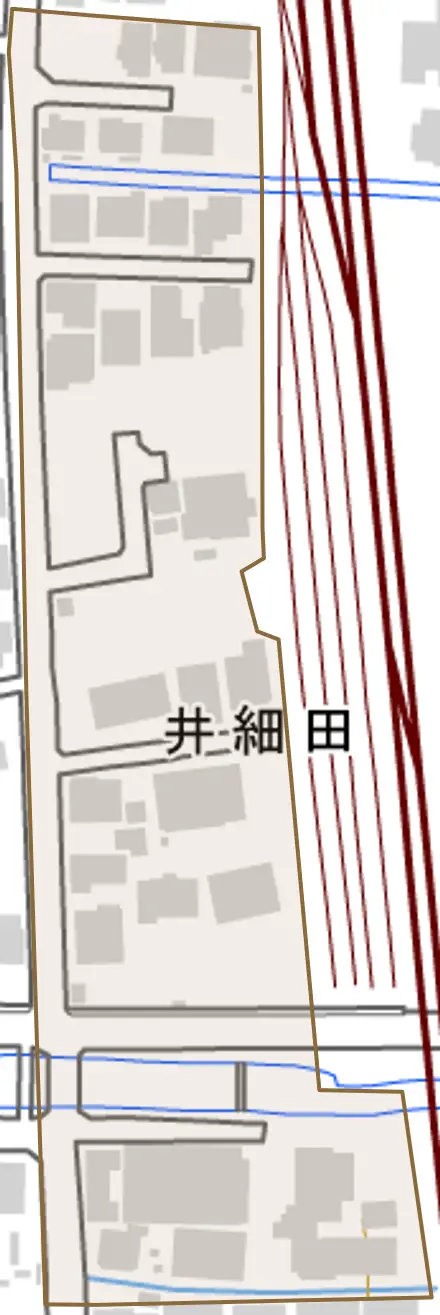 井細田とその周辺の地図。町の範囲を重ねている
