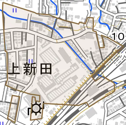 上新田とその周辺の地図。町の範囲を重ねている