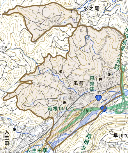 風祭とその周辺の地図。町の範囲を重ねている
