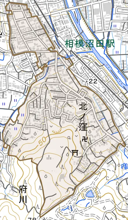 北ノ窪とその周辺の地図。町の範囲を重ねている