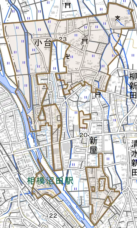 小台とその周辺の地図。町の範囲を重ねている