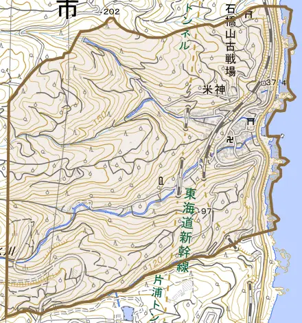 米神とその周辺の地図。町の範囲を重ねている