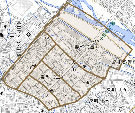 寿町とその周辺の地図。町の範囲を重ねている