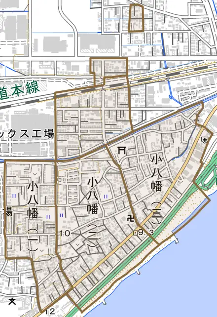小八幡とその周辺の地図。町の範囲を重ねている