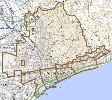 国府津とその周辺の地図。町の範囲を重ねている