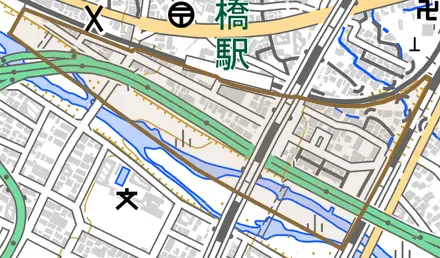 南板橋とその周辺の地図。町の範囲を重ねている
