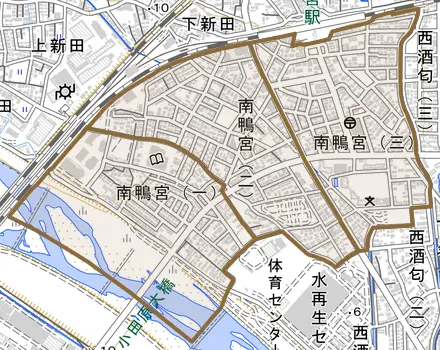 南鴨宮とその周辺の地図。町の範囲を重ねている