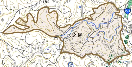 水之尾とその周辺の地図。町の範囲を重ねている