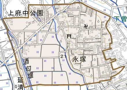 永塚とその周辺の地図。町の範囲を重ねている