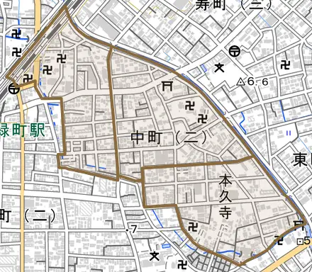中町とその周辺の地図。町の範囲を重ねている