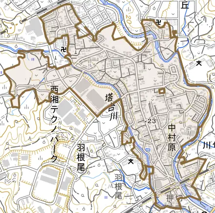 中村原とその周辺の地図。町の範囲を重ねている