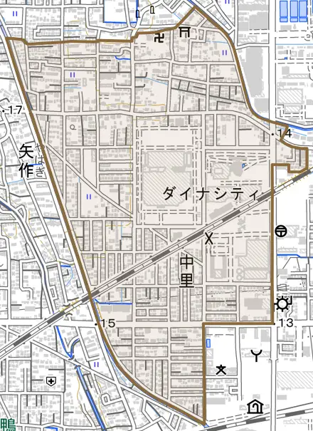 中里とその周辺の地図。町の範囲を重ねている