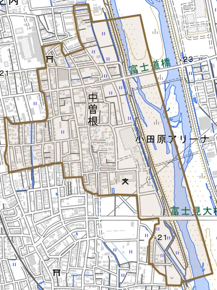 中曽根とその周辺の地図。町の範囲を重ねている