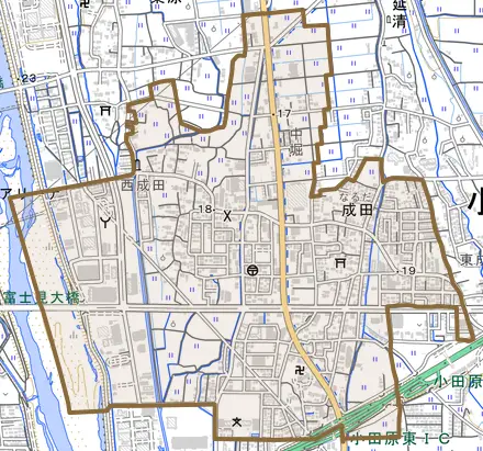 成田とその周辺の地図。町の範囲を重ねている