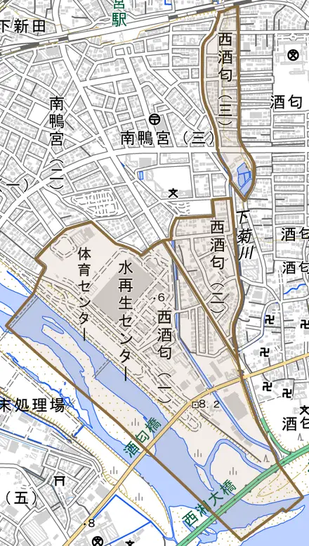 西酒匂とその周辺の地図。町の範囲を重ねている