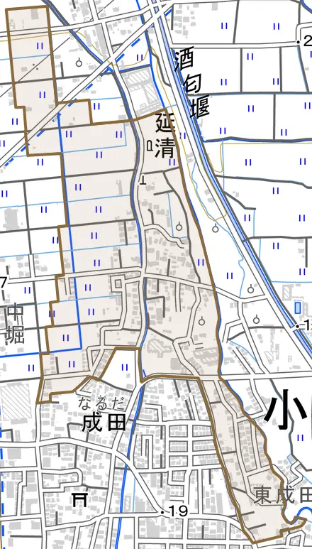 延清とその周辺の地図。町の範囲を重ねている