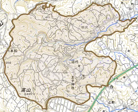 沼代とその周辺の地図。町の範囲を重ねている