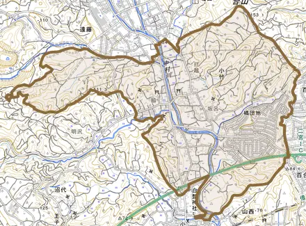 小竹とその周辺の地図。町の範囲を重ねている