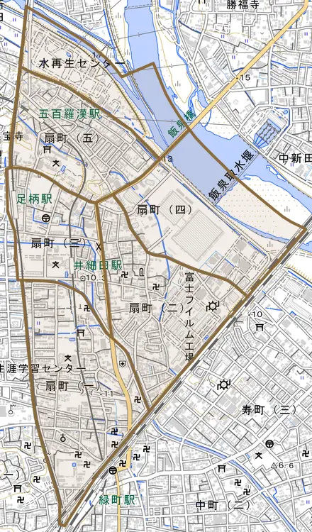 扇町とその周辺の地図。町の範囲を重ねている