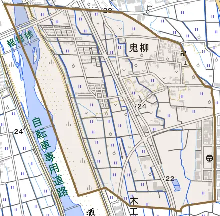 鬼柳とその周辺の地図。町の範囲を重ねている