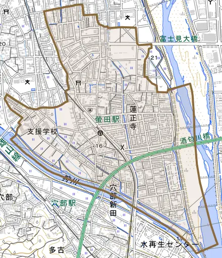 蓮正寺とその周辺の地図。町の範囲を重ねている