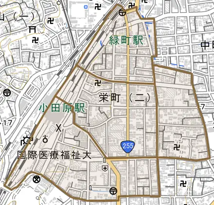 栄町とその周辺の地図。町の範囲を重ねている