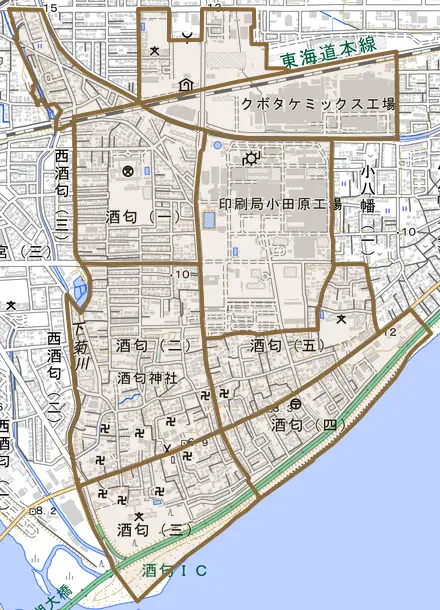 酒匂とその周辺の地図。町の範囲を重ねている