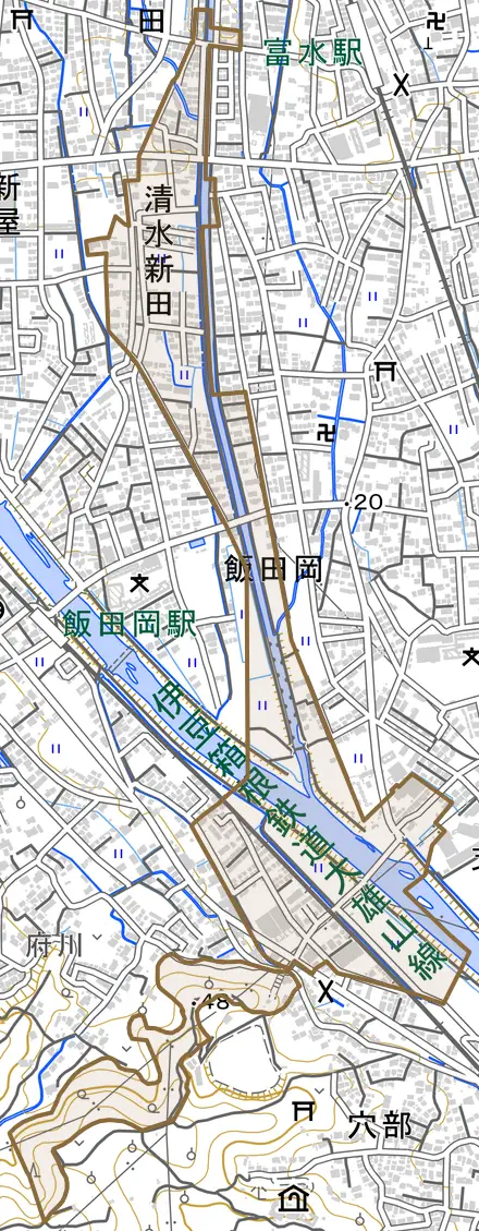 清水新田とその周辺の地図。町の範囲を重ねている
